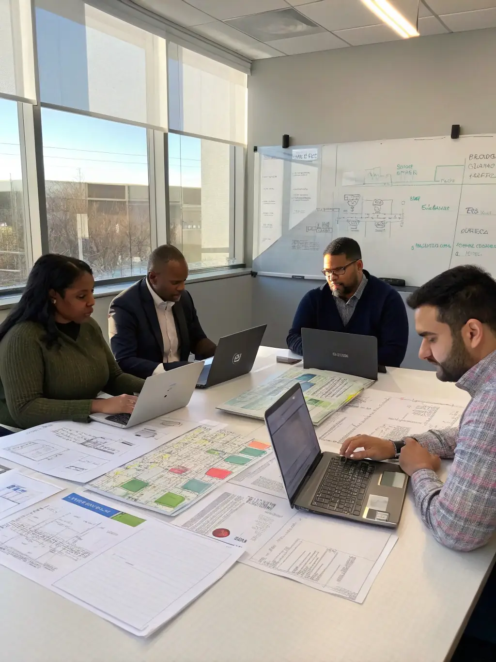 A diverse group of professionals collaborating around a table in a modern office, symbolizing teamwork and leadership.