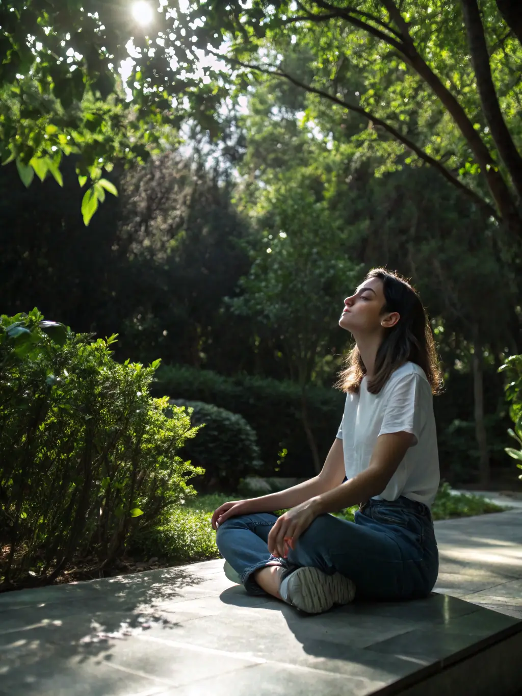A person meditating in a peaceful garden, representing mindfulness and stress reduction.