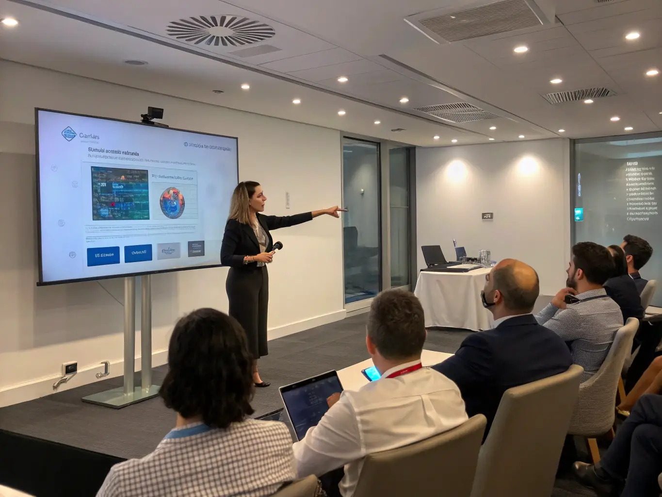 A person confidently presenting to a group of colleagues in a modern office setting, symbolizing personal growth and development in a UK professional environment.