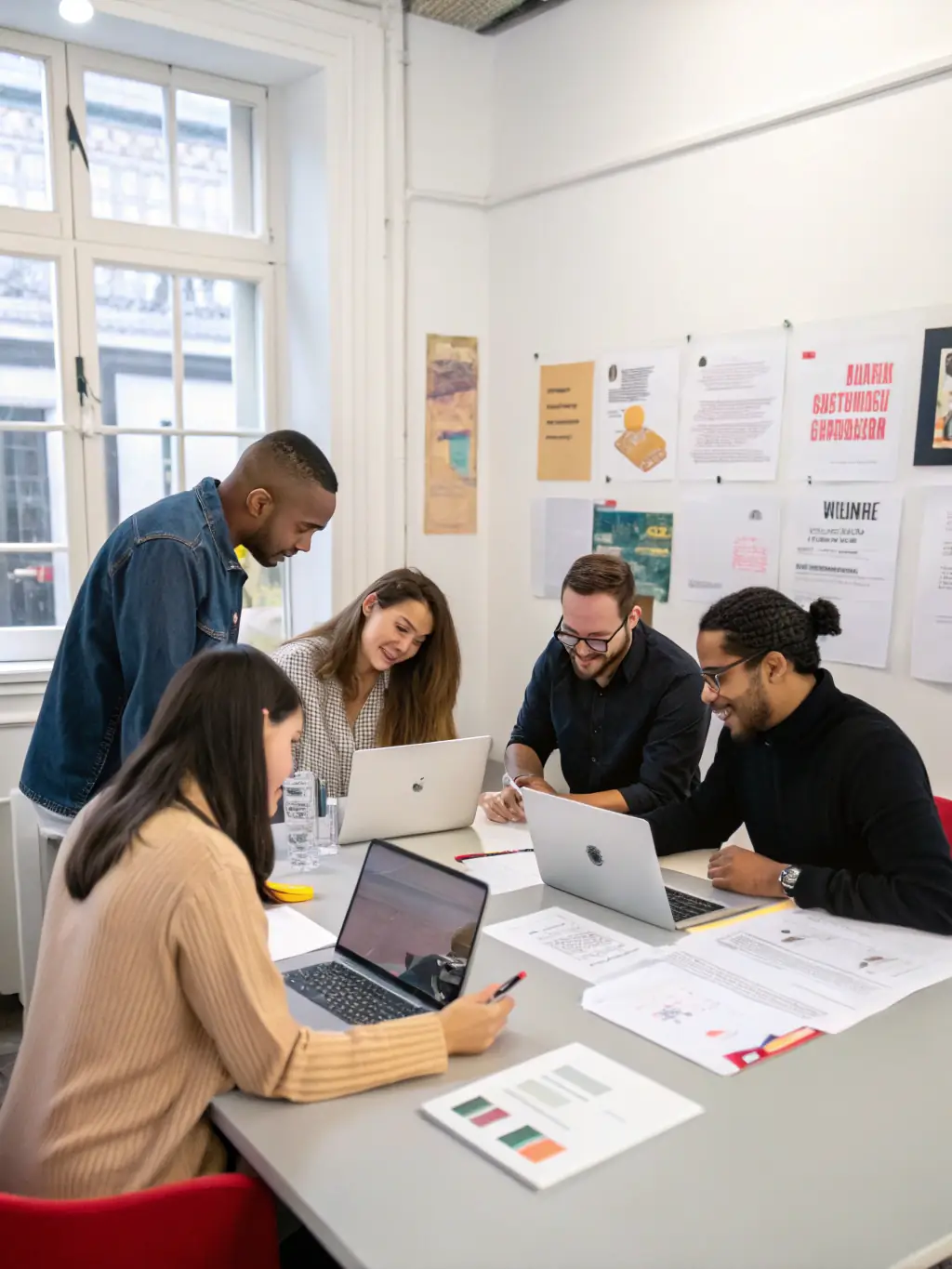 A team collaborating on a project, showcasing improved communication and teamwork skills after undergoing team coaching, in a vibrant office environment in Edinburgh.