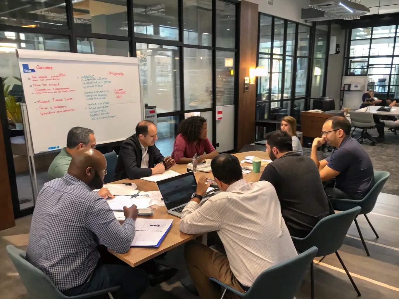 A diverse team of professionals collaborating in a leadership workshop, focusing on team management and strategic thinking.