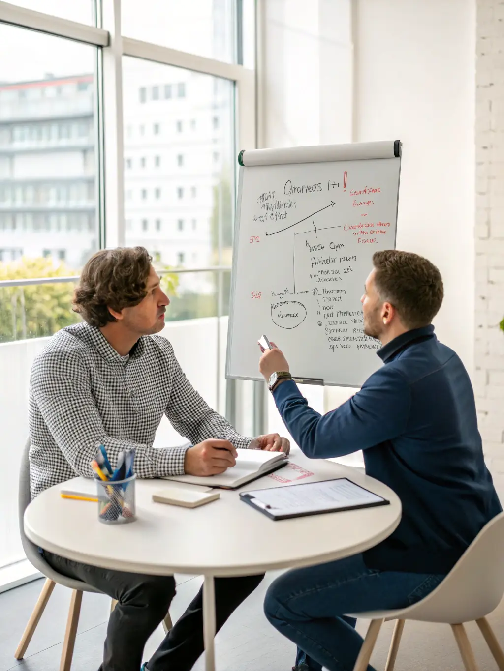 A coach working with a client on career advancement strategies, using a whiteboard to map out goals and action plans, in a modern co-working space in Manchester.
