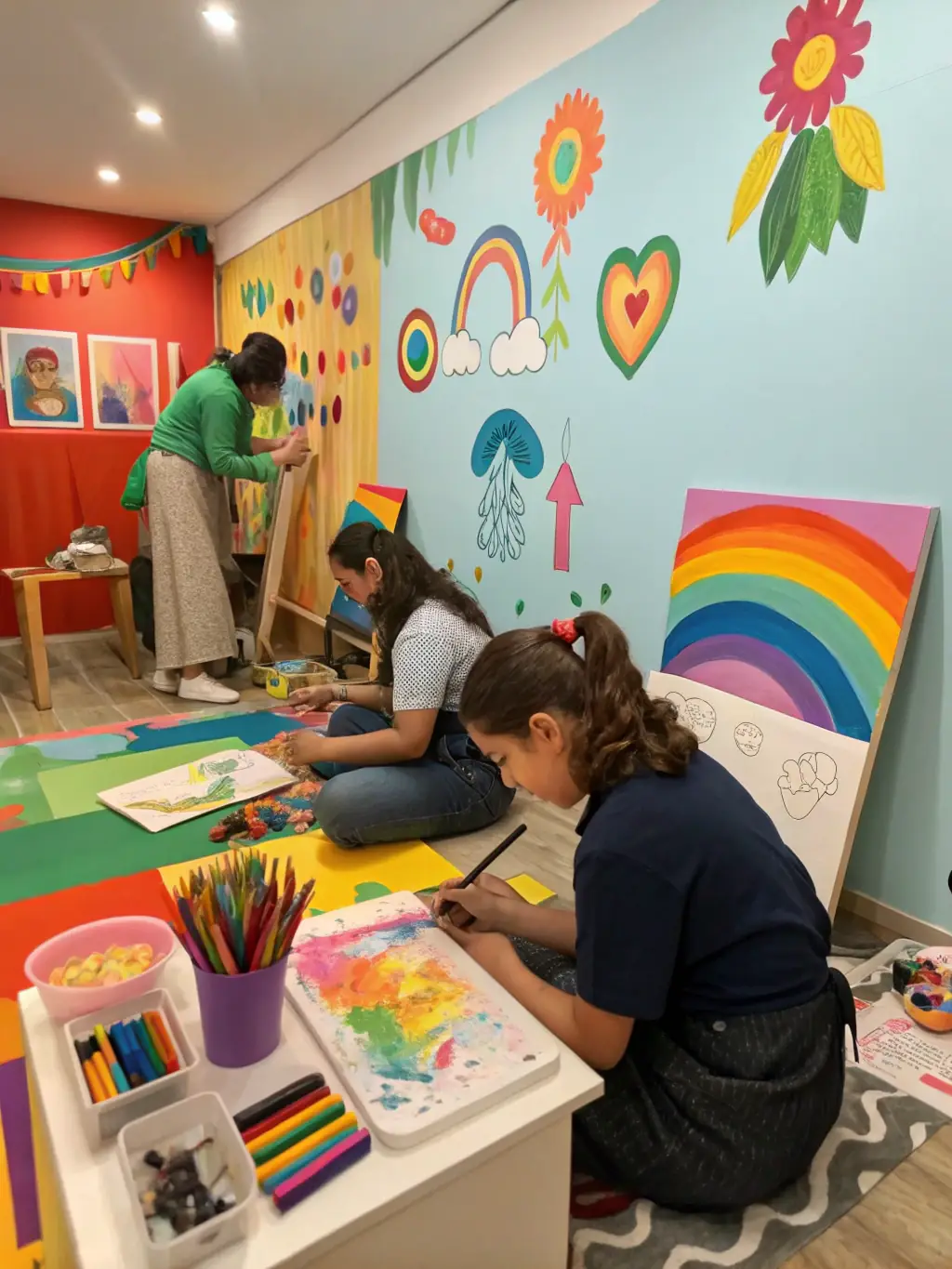 A diverse group of individuals participating in a personal growth workshop, engaging in activities that promote self-discovery and confidence-building, set in a modern, bright studio in the UK.