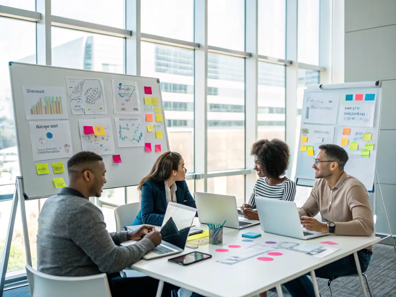 A diverse team collaborating in a modern UK office, demonstrating empathetic leadership and a positive work environment.