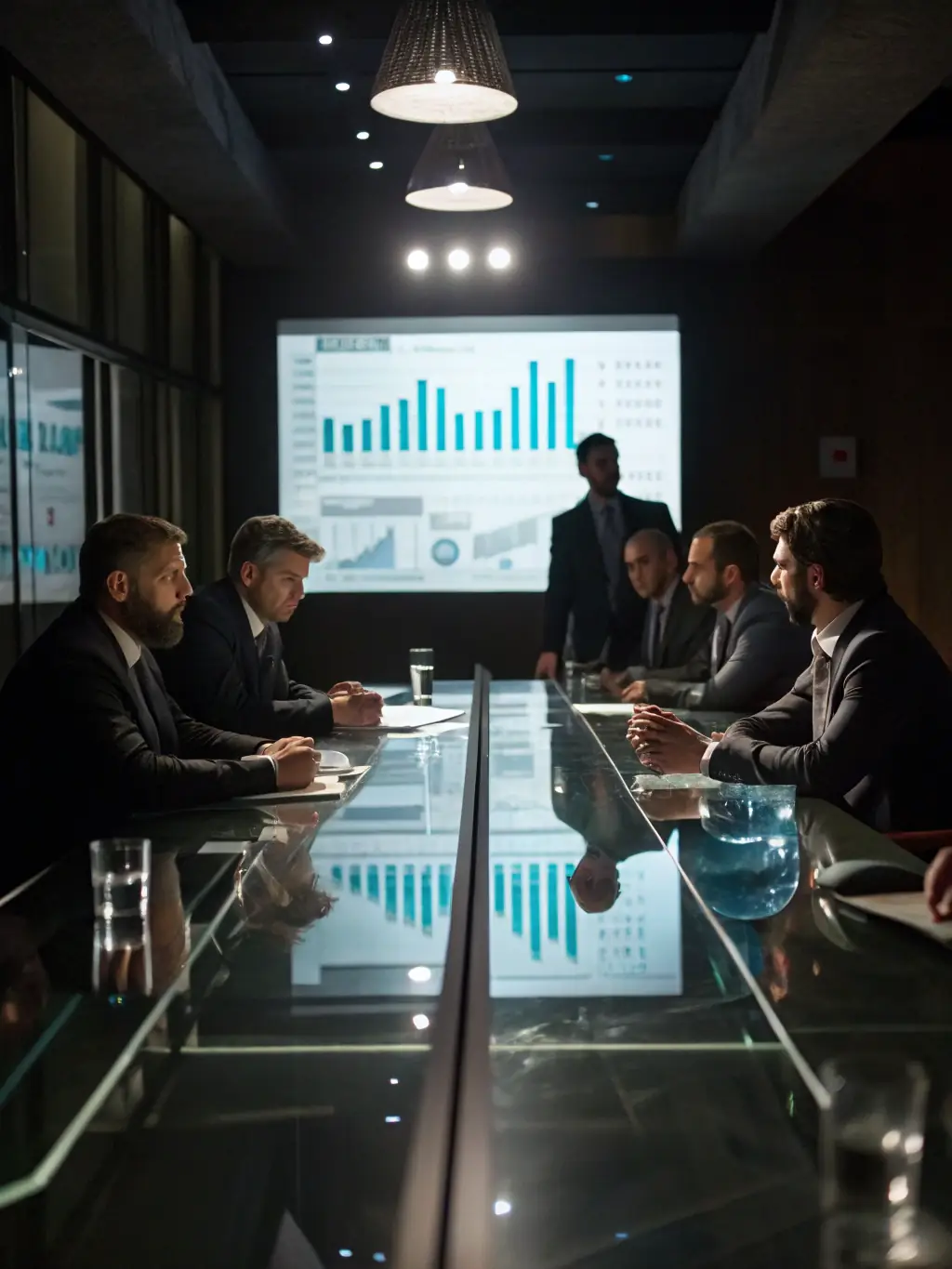 A professional coach facilitating a leadership development session with a team of executives in a corporate boardroom, emphasizing strategic thinking and team management skills, in London.